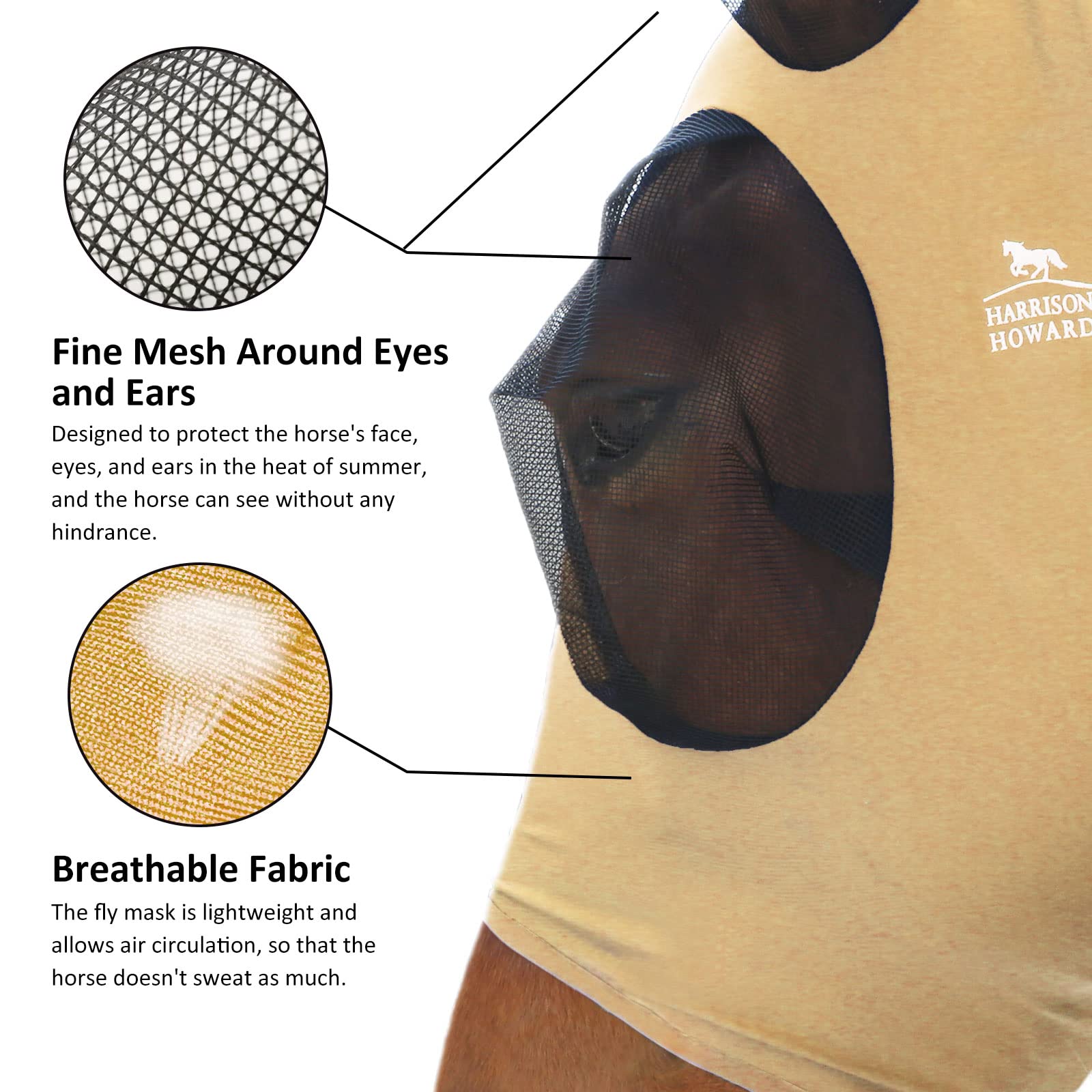 Harrison Howard Super Comfort Horse Fly Mask Elasticity Fly Mask with Ears UV Protection for Horse Champagne Gold M Cob